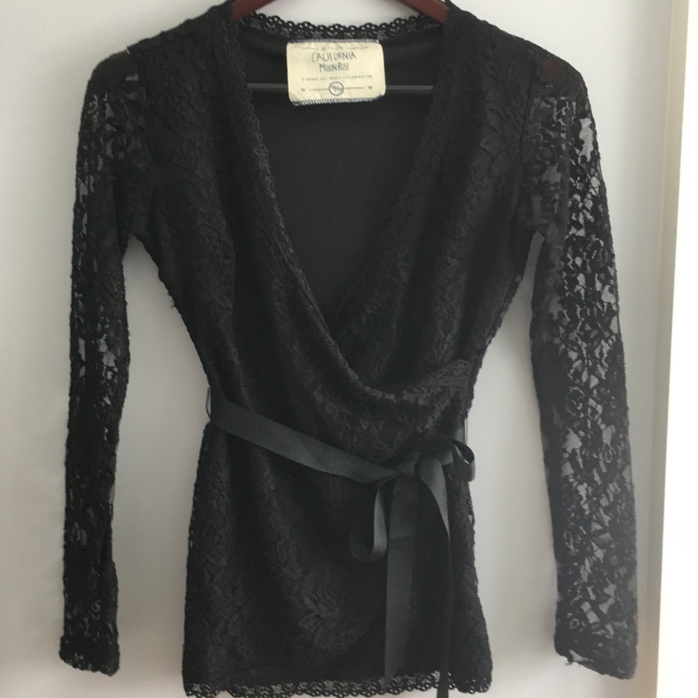 Lace faux wrap long sleeve blouse